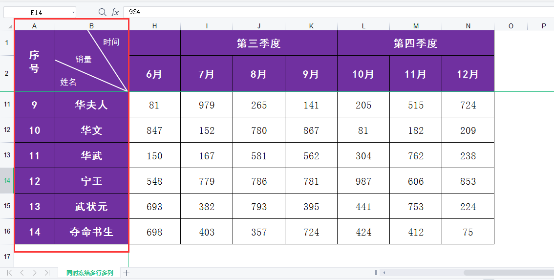 WPS表格如何同时冻结多行和多列？