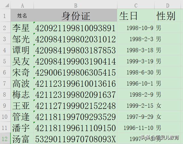 WPS表格中怎样从身份证号提取生日及性别？