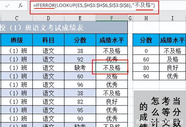 Excel中单元格出现“缺考”的文本字样时,如何计算其对应的成绩水平?