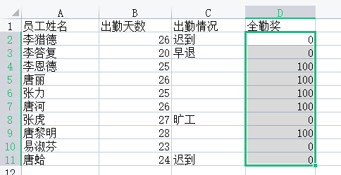 用excel算全勤奖怎么用公式？