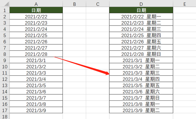 如何在Excel中将日期显示为星期？