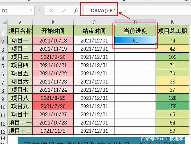 Excel制作进度表计算项目总工期的当前进度，用excel创建一个简单的进度表