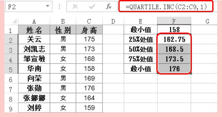 excel中QUARTILE.INC用法和实例