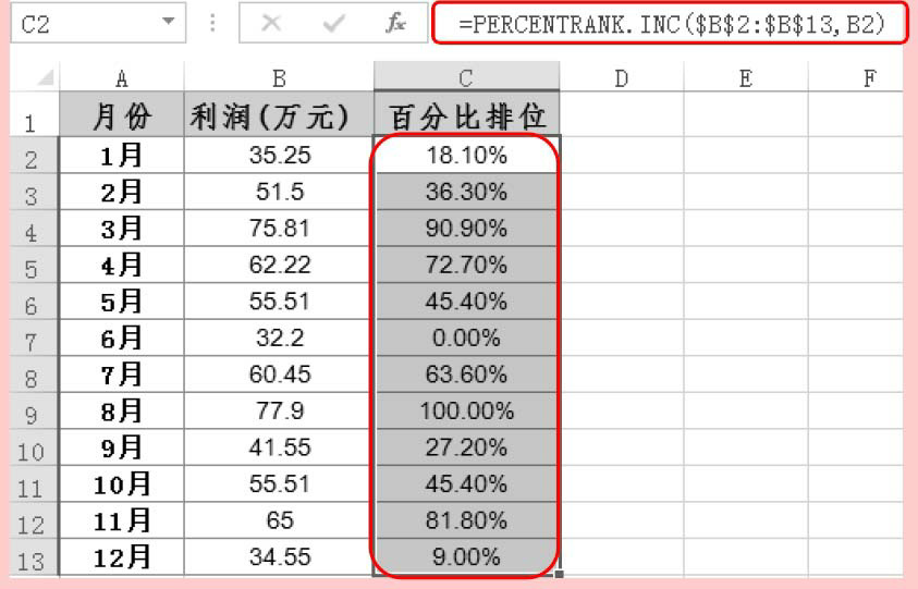 Excel中统计函数PERCENTRANK.INC/PERCENTRANK.EXC用法和实例教程-天天办公网
