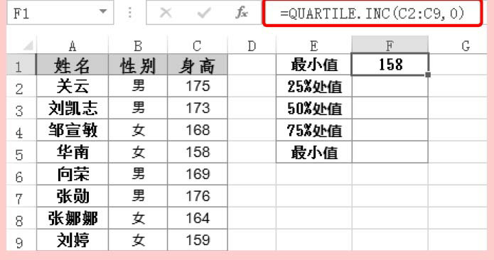 excel中QUARTILE.INC用法和实例